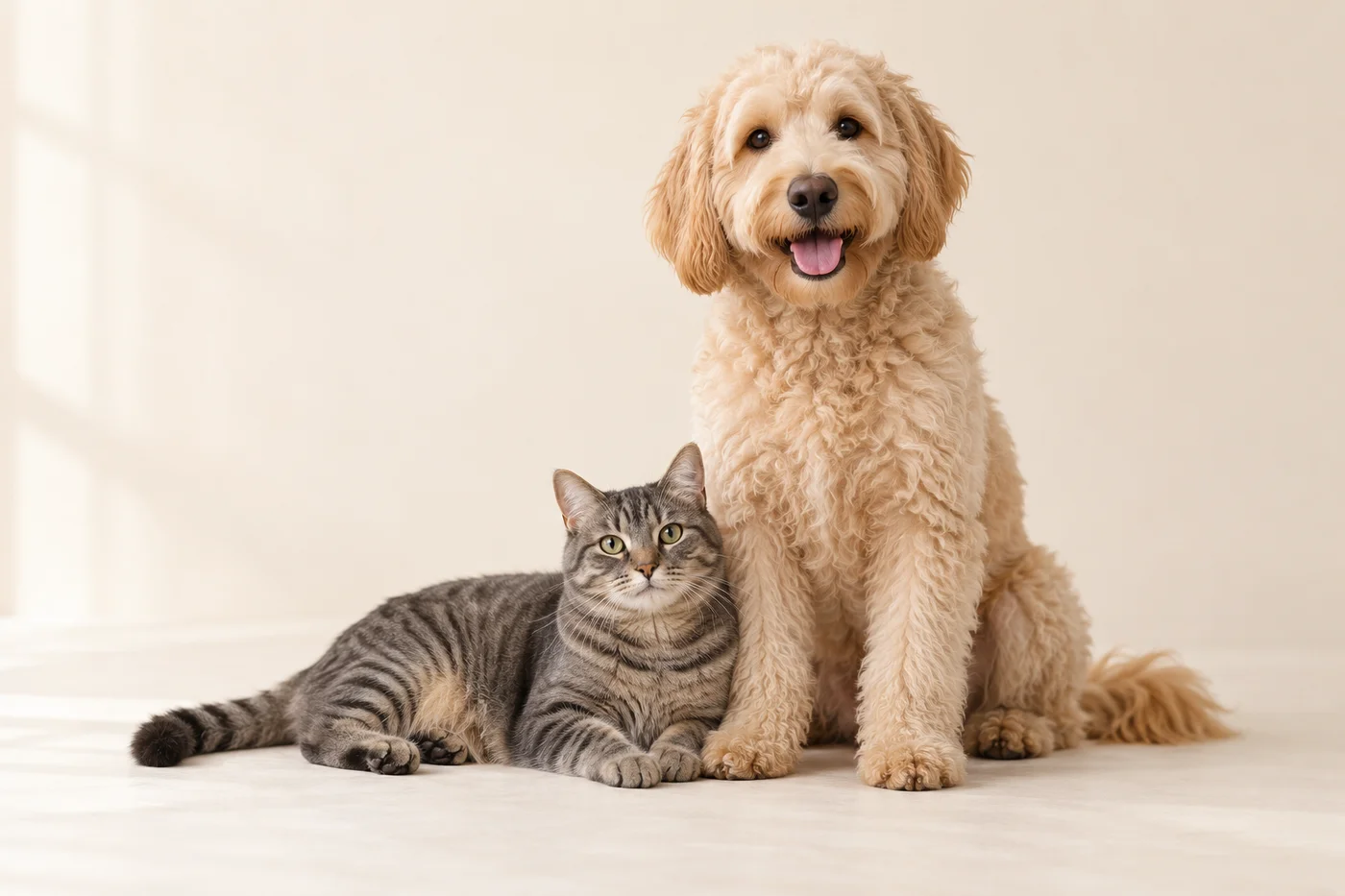 A curly-coated dog sitting beside a tabby cat in a softly lit studio